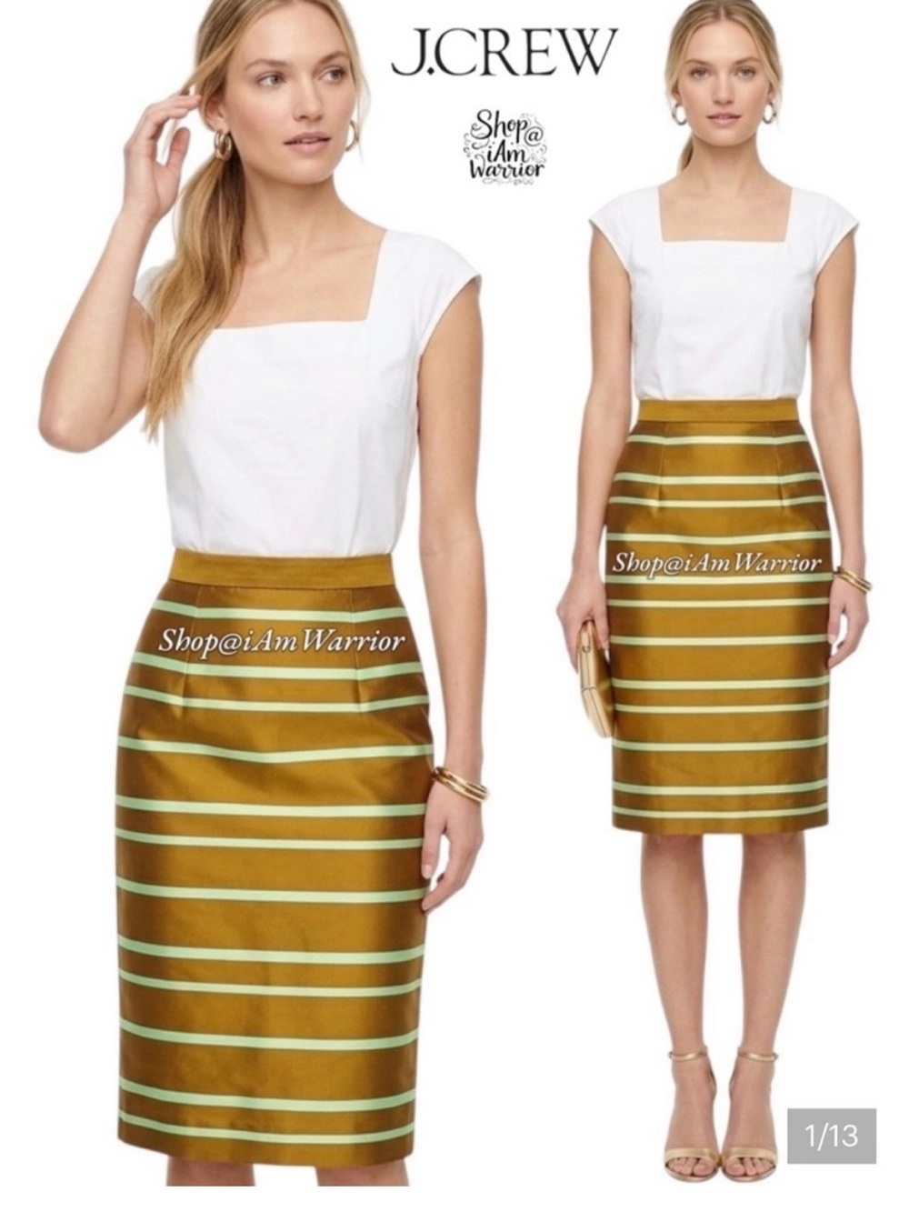 J. Crew high waisted midi pencil skirt in gold and green stripes 4